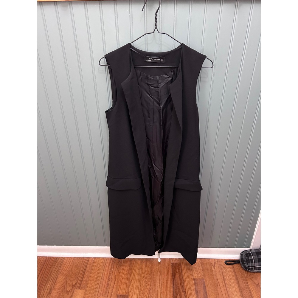 Zara Woman Black Longline Sleeveless Blazer Vest Open Front Small Workwear Chic